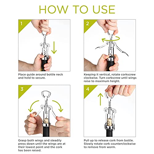 True Soar Winged Corkscrew Wine Opener, Multi-Purpose Bottle Opener for Beer and Soda, Stainless Steel with Chrome Finish, Easy to Remove Cork for Bartenders, Home Bar, Set of 1, Metallic Silver - Image 2