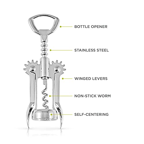 True Soar Winged Corkscrew Wine Opener, Multi-Purpose Bottle Opener for Beer and Soda, Stainless Steel with Chrome Finish, Easy to Remove Cork for Bartenders, Home Bar, Set of 1, Metallic Silver - Image 3