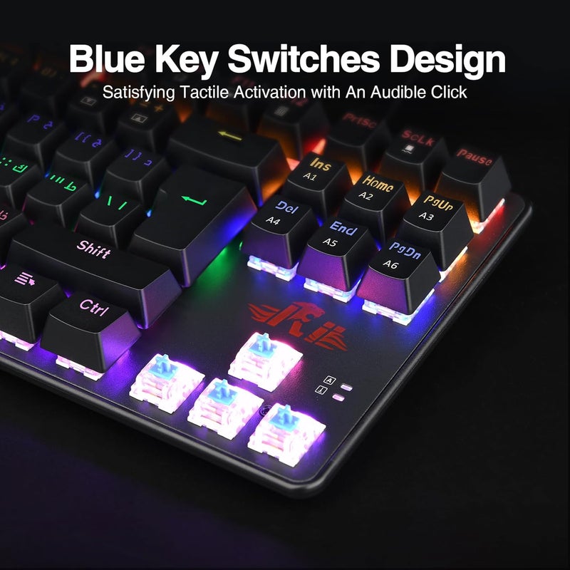 Rii Mechanical Gaming keyboard, RK908 80% Arabic & English Mechanical Keyboard(9 Backlight Modes) Blue Switches with 7 Color 88 Keys for PC Windows Mac keyboard-Arabic layout - Image 4