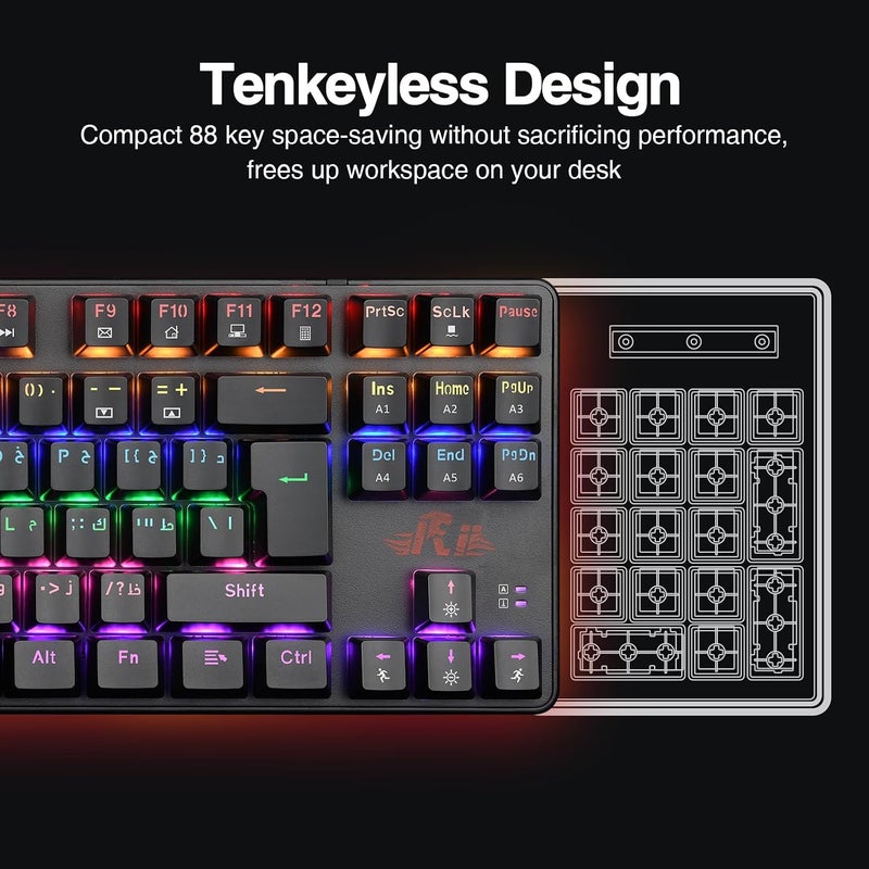Rii Mechanical Gaming keyboard, RK908 80% Arabic & English Mechanical Keyboard(9 Backlight Modes) Blue Switches with 7 Color 88 Keys for PC Windows Mac keyboard-Arabic layout - Image 3