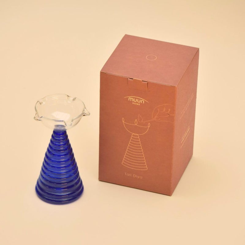 Muun Home Tall Blue Glass Diya Lamp for Pooja Room & Mandir | Decorative Oil Lamp for Diwali Decoration, Wedding, Housewarming & Festive Home Decor - Image 4