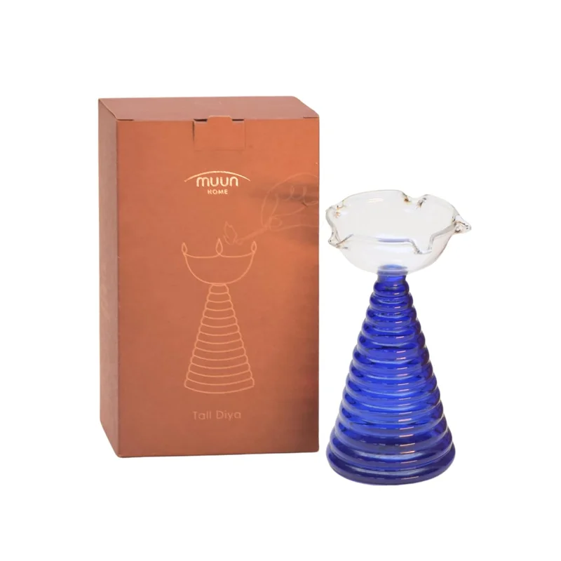Muun Home Tall Blue Glass Diya Lamp for Pooja Room & Mandir | Decorative Oil Lamp for Diwali Decoration, Wedding, Housewarming & Festive Home Decor
