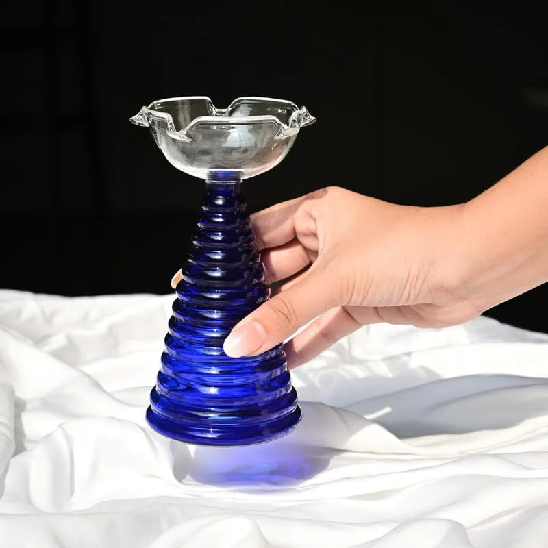 Muun Home Tall Blue Glass Diya Lamp for Pooja Room & Mandir | Decorative Oil Lamp for Diwali Decoration, Wedding, Housewarming & Festive Home Decor