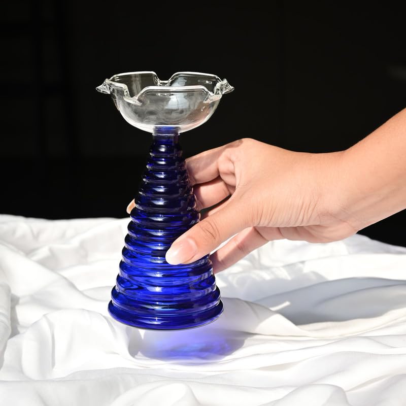 Muun Home Tall Blue Glass Diya Lamp for Pooja Room & Mandir | Decorative Oil Lamp for Diwali Decoration, Wedding, Housewarming & Festive Home Decor - Image 2