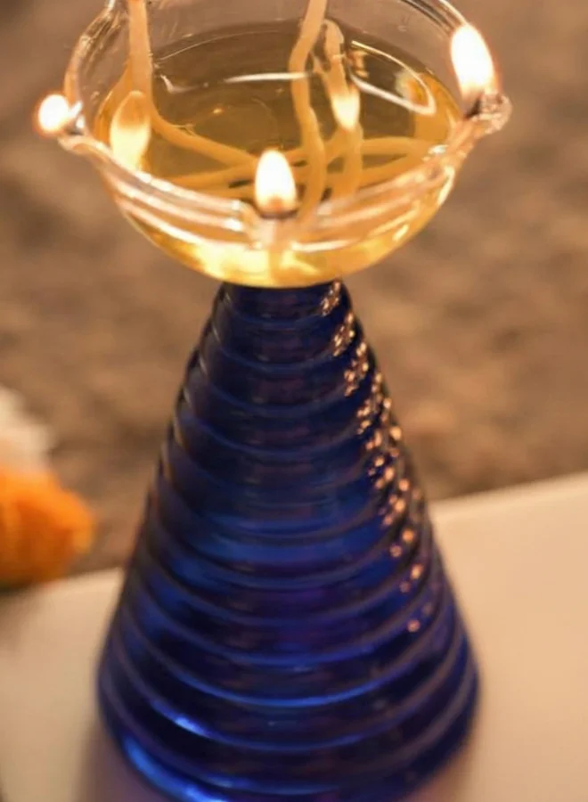 Muun Home Tall Blue Glass Diya Lamp for Pooja Room & Mandir | Decorative Oil Lamp for Diwali Decoration, Wedding, Housewarming & Festive Home Decor