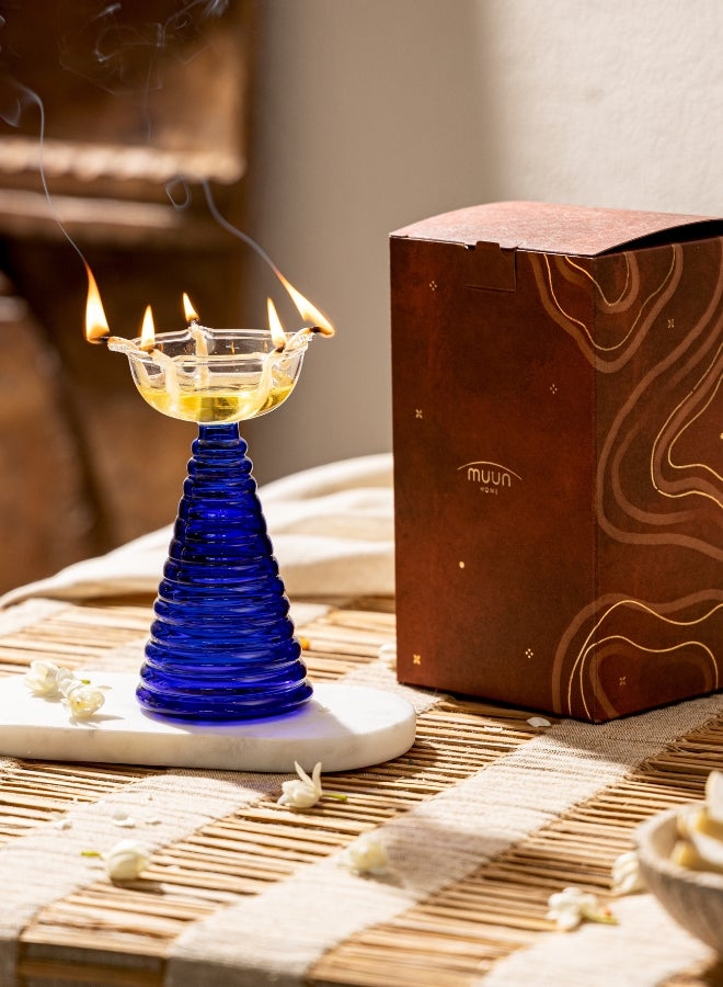 Muun Home Tall Blue Glass Diya Lamp for Pooja Room & Mandir | Decorative Oil Lamp for Diwali Decoration, Wedding, Housewarming & Festive Home Decor - Image 3