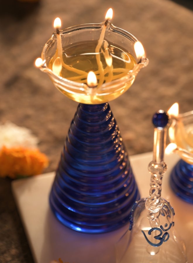 Muun Home Tall Blue Glass Diya Lamp for Pooja Room & Mandir | Decorative Oil Lamp for Diwali Decoration, Wedding, Housewarming & Festive Home Decor - Image 4