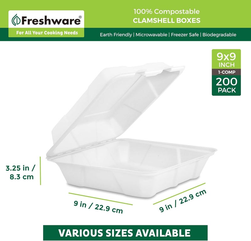 Freshware حاويات طعام قابلة للتحلل من فريش وير بتصميم صدفية 9x9 200 عبوة حاويات للتخلص منها صديقة للبيئة مصنوعة من قصب السكر حاويات طعام ورقية آمنة للاستخدام في الميكروويف والفريزر وقابلة للتكديس - Image 3