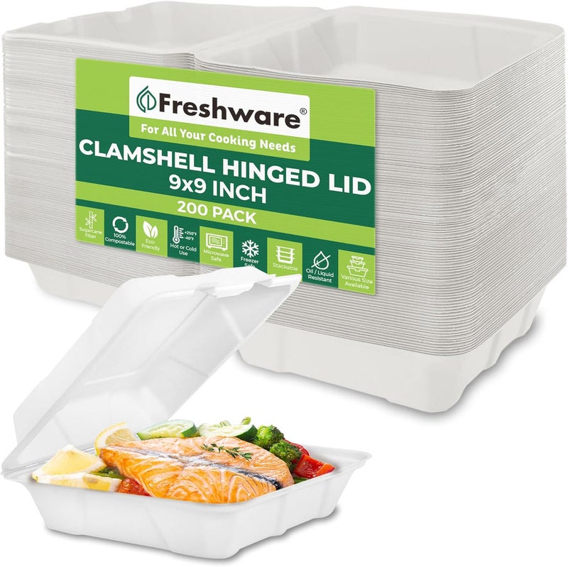 Freshware حاويات طعام قابلة للتحلل من فريش وير بتصميم صدفية 9x9 200 عبوة حاويات للتخلص منها صديقة للبيئة مصنوعة من قصب السكر حاويات طعام ورقية آمنة للاستخدام في الميكروويف والفريزر وقابلة للتكديس - Image 1
