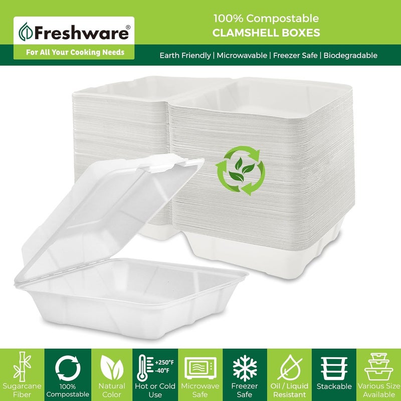 Freshware حاويات طعام قابلة للتحلل من فريش وير بتصميم صدفية 9x9 200 عبوة حاويات للتخلص منها صديقة للبيئة مصنوعة من قصب السكر حاويات طعام ورقية آمنة للاستخدام في الميكروويف والفريزر وقابلة للتكديس - Image 2