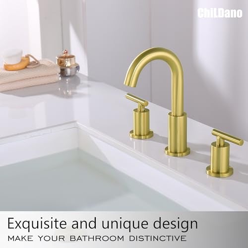 ChiLDano Brushed Gold Bathroom Faucet, 8 inch Widespread Bathroom Sink Faucet 3 Hole with Drain and Hose, Gold Bathroom Faucet CH2183BG - Image 5