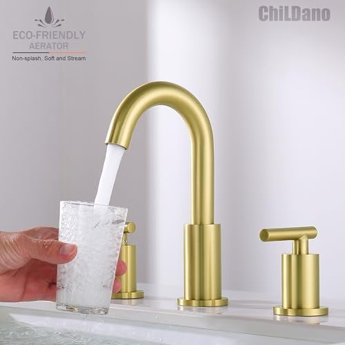 ChiLDano Brushed Gold Bathroom Faucet, 8 inch Widespread Bathroom Sink Faucet 3 Hole with Drain and Hose, Gold Bathroom Faucet CH2183BG - Image 4