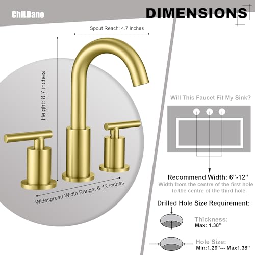ChiLDano Brushed Gold Bathroom Faucet, 8 inch Widespread Bathroom Sink Faucet 3 Hole with Drain and Hose, Gold Bathroom Faucet CH2183BG - Image 2