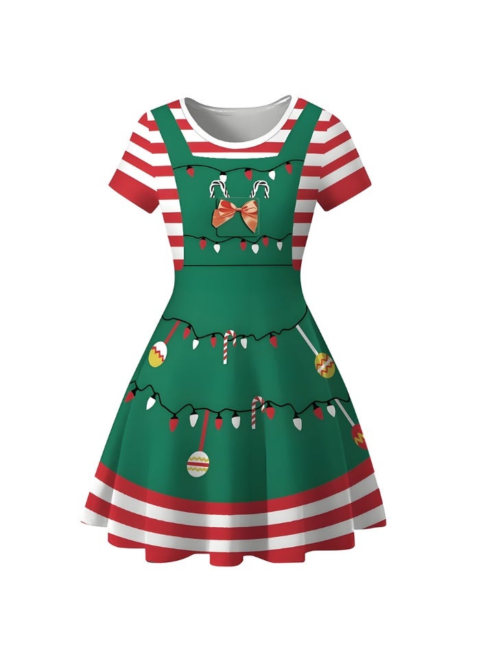 Loquat Women's Short Sleeve Printed Costume Dress Christmas Elements Dress - Image 3