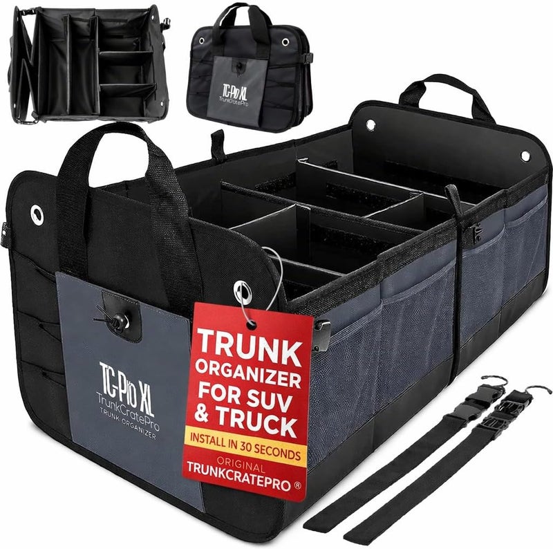 TRUNKCRATEPRO - XL Trunk Organizer For SUV, Car, Truck with 6 Compartments Adjustable Collapsible Portable Non-Skid Premium Cargo Storage Truck Organizer W Straps, Heavy Loads (Extra Large, Gray) - Image 1