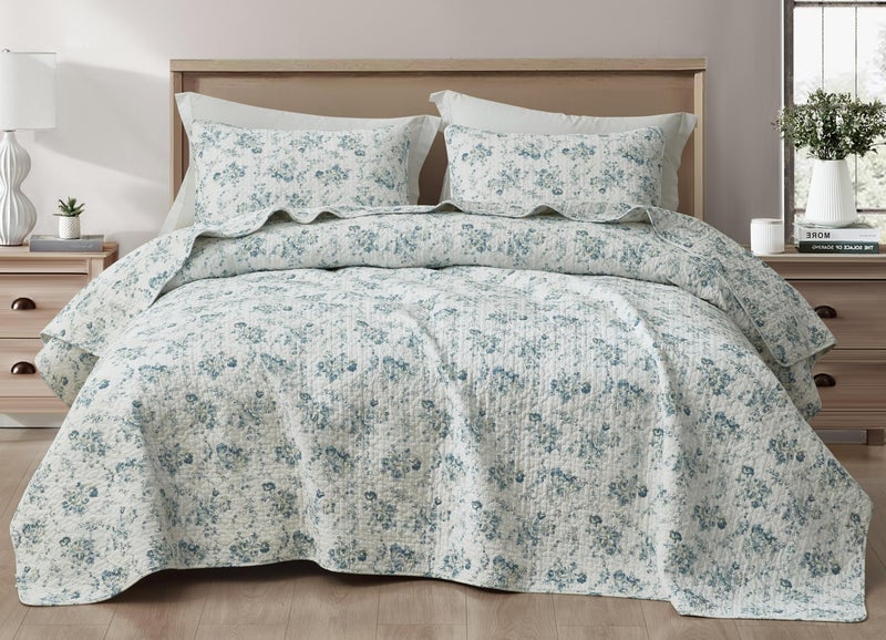 Chezmoi Collection Chezmoi Collection Gigi 3-Piece Printed Floral Cotton Quilt Set King Size - Elegant Blue Ivory White Floral Flower - Stone Washed Cotton Breathable Lightweight Bedspread Set  - Image 2