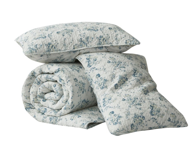 Chezmoi Collection Chezmoi Collection Gigi 3-Piece Printed Floral Cotton Quilt Set King Size - Elegant Blue Ivory White Floral Flower - Stone Washed Cotton Breathable Lightweight Bedspread Set  - Image 3