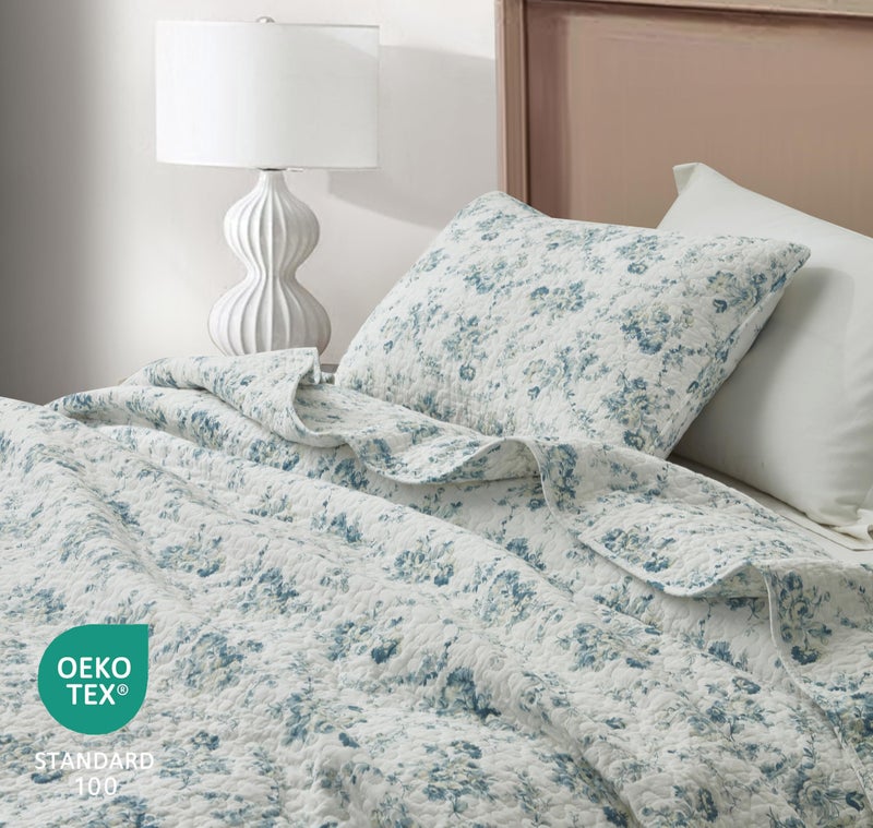 Chezmoi Collection Chezmoi Collection Gigi 3-Piece Printed Floral Cotton Quilt Set King Size - Elegant Blue Ivory White Floral Flower - Stone Washed Cotton Breathable Lightweight Bedspread Set  - Image 4