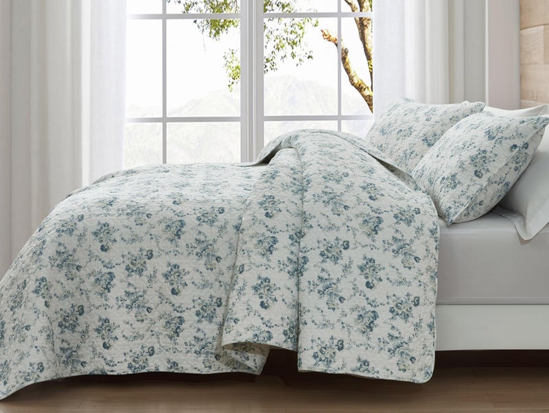 Chezmoi Collection Chezmoi Collection Gigi 3-Piece Printed Floral Cotton Quilt Set King Size - Elegant Blue Ivory White Floral Flower - Stone Washed Cotton Breathable Lightweight Bedspread Set  - Image 1