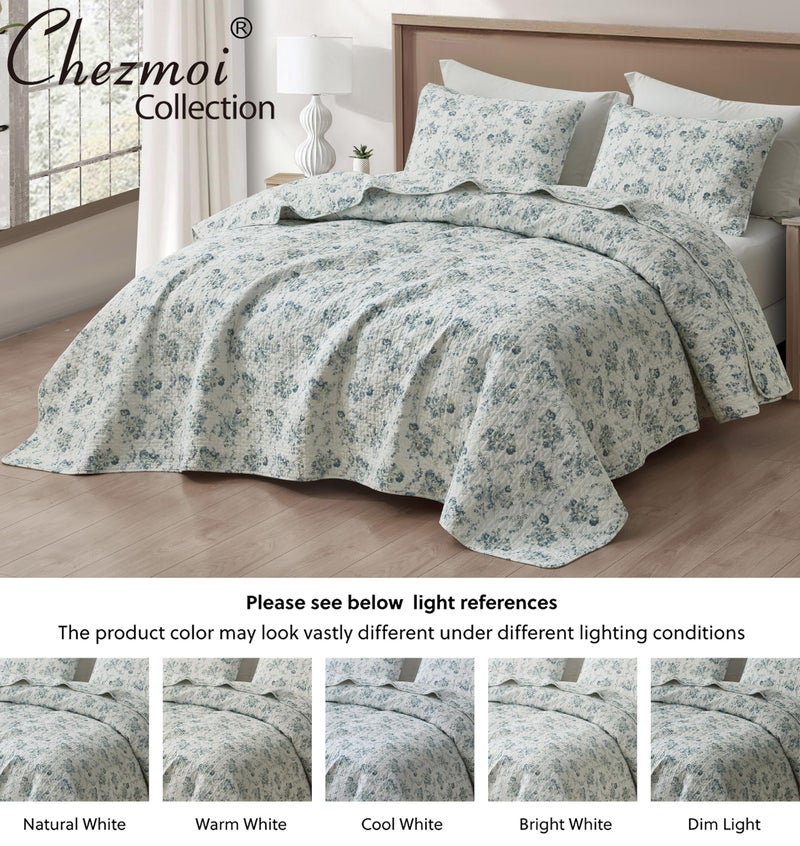 Chezmoi Collection Chezmoi Collection Gigi 3-Piece Printed Floral Cotton Quilt Set King Size - Elegant Blue Ivory White Floral Flower - Stone Washed Cotton Breathable Lightweight Bedspread Set  - Image 5