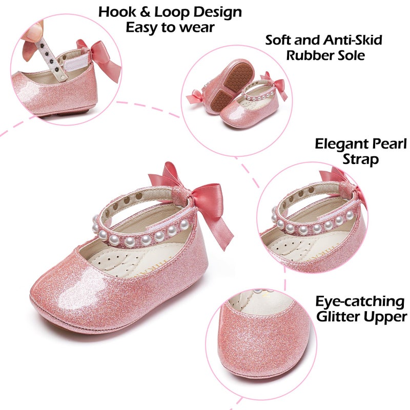 PHIRAMIN Baby Girls Glitter Pink Mary Jane Flats - Infant 6-9 Months Walking Shoes Soft Rubber Sole Princess Wedding - Image 5