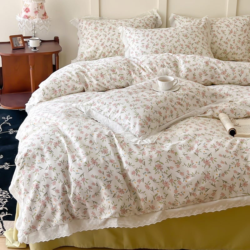 EAVD Cotton Floral Duvet Cover Queen Girl Pink Floral Ruffled Bedding Set with 2 Pillowcases French Garden Botanical Duvet Cover with Zipper Chic Fresh Pink Floral Comforter Cover - Image 4