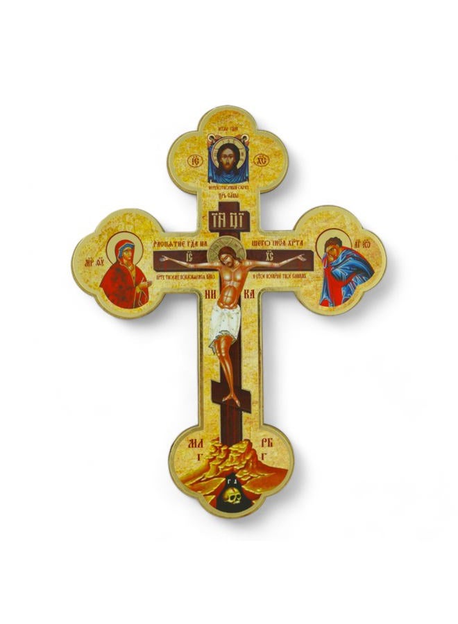 BlessedMart Ukrainian Orthodox Wall Cross - Wooden Byzantine Crucifix with Theotokos and St John for Home Altar - 8 Inch - Image 1