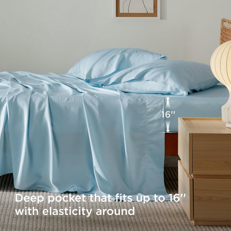 Bedsure Queen Sheet Set, Rayon Derived from Bamboo, Cooling Sheets, Breathable & Soft, Deep Pocket Up to 16 Inches, Hotel Luxury Silky Bedding for Hot Sleepers, Aqua - Image 4