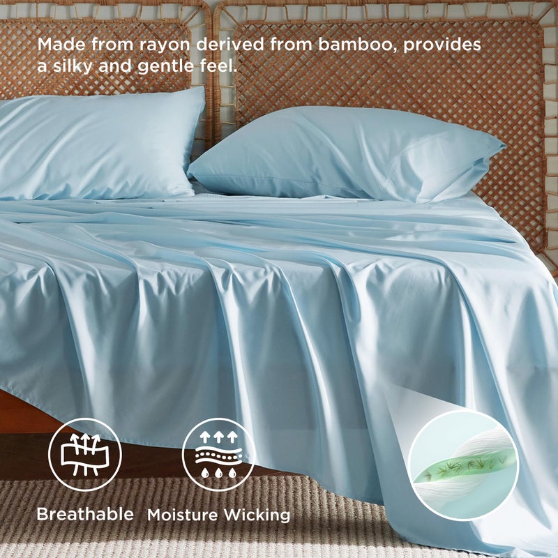 Bedsure Queen Sheet Set, Rayon Derived from Bamboo, Cooling Sheets, Breathable & Soft, Deep Pocket Up to 16 Inches, Hotel Luxury Silky Bedding for Hot Sleepers, Aqua - Image 3