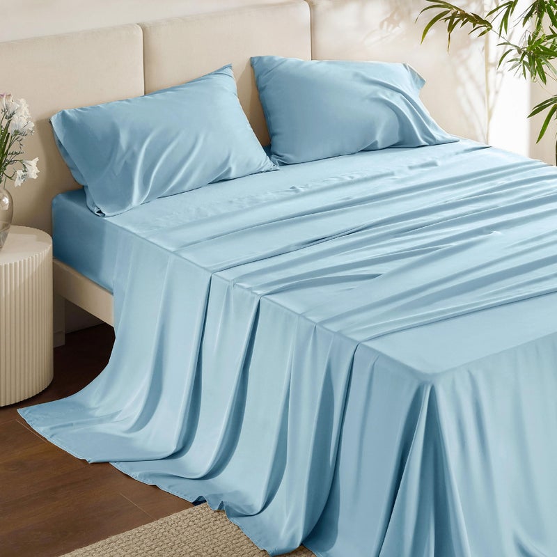 Bedsure Queen Sheet Set, Rayon Derived from Bamboo, Cooling Sheets, Breathable & Soft, Deep Pocket Up to 16 Inches, Hotel Luxury Silky Bedding for Hot Sleepers, Aqua - Image 1