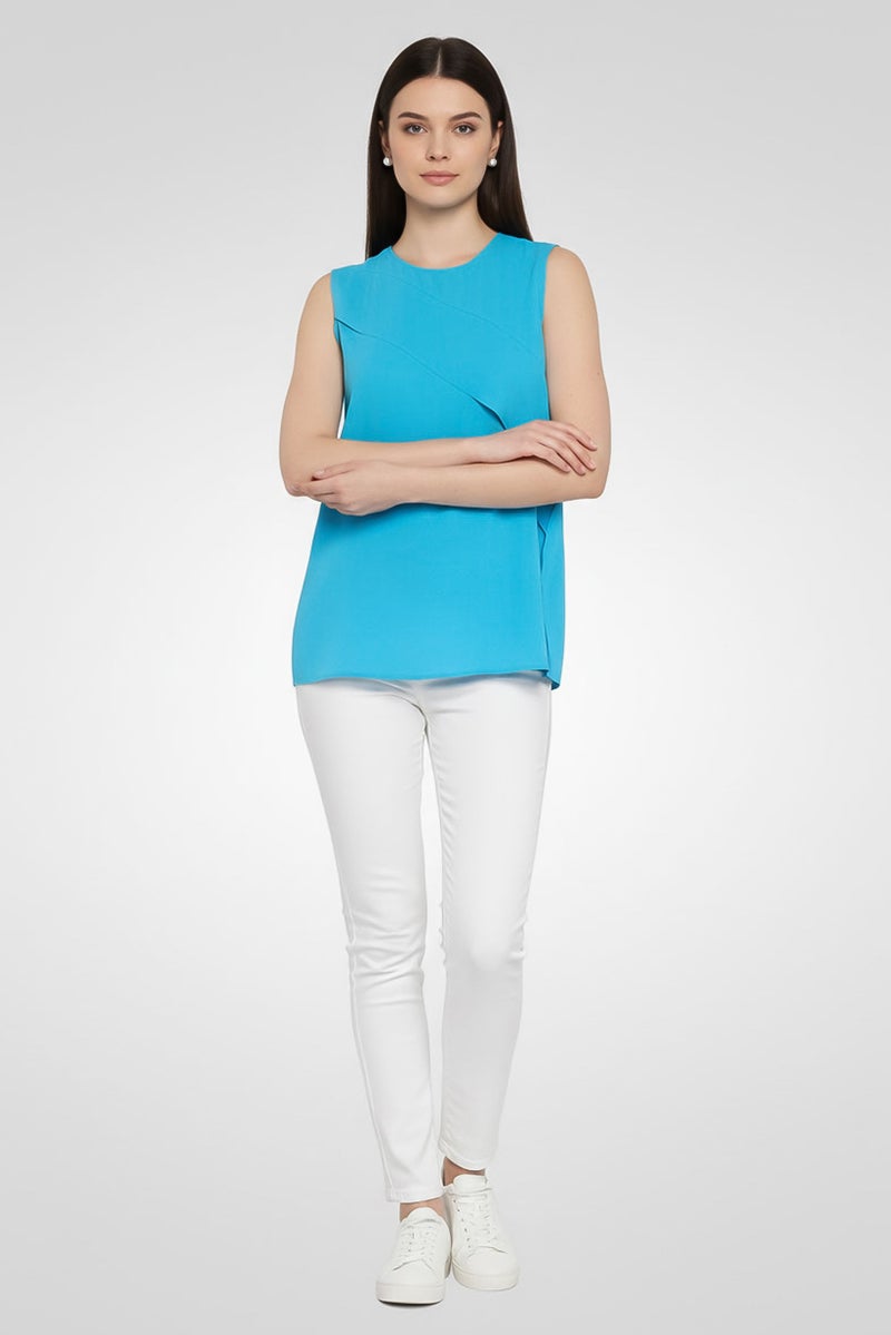 CEDRIC CHARLIER Women Round Neck Sleeveless Plain Top, Blue - Image 2