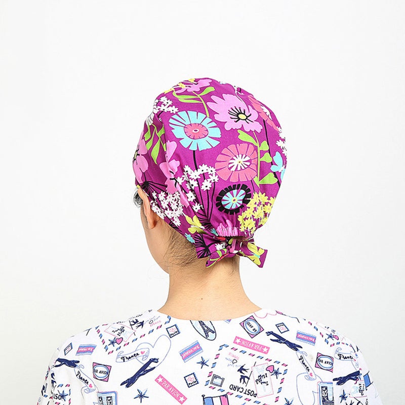 Fashion Adjustable Strap Headcloth Cotton Hat Working Cap Flower Pattern Operating Room Hat - Image 1