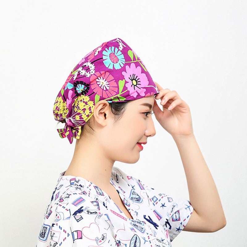 Fashion Adjustable Strap Headcloth Cotton Hat Working Cap Flower Pattern Operating Room Hat - Image 4