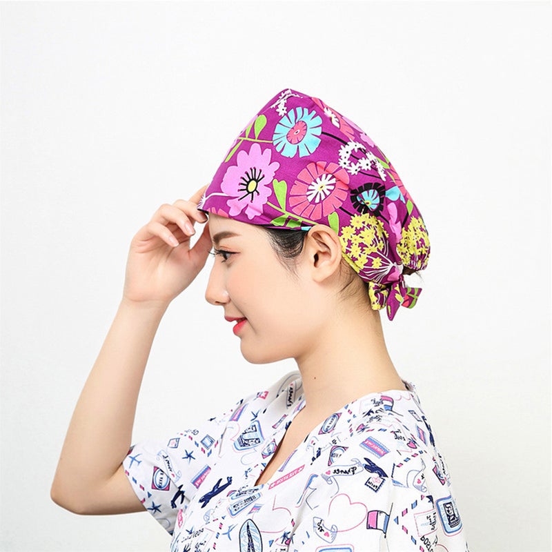 Fashion Adjustable Strap Headcloth Cotton Hat Working Cap Flower Pattern Operating Room Hat - Image 2