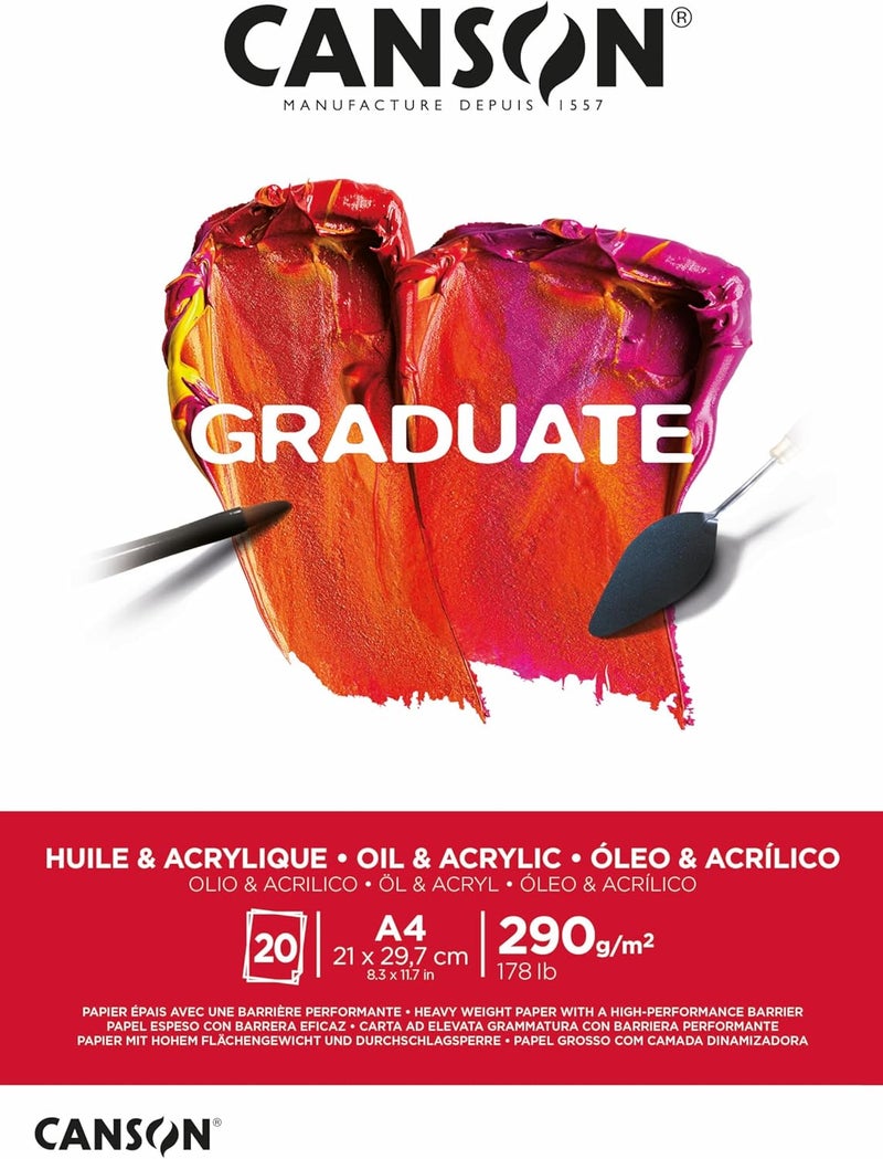CANSON CANSON Graduate Oil and Acrylic 290gsm A4 Paper NonWoven Pad Glued Short Side 20 Natural White Sheets Ideal for Student Artists - Image 1