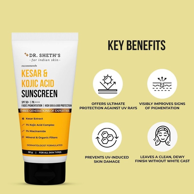 Dr. Sheth's Kesar & Kojic Acid Sunscreen For All Skin Types Spf 50 Pa++++ For Pigtation-Free Skin | No White Cast And Light Weight For Daily Moisturization- 50G