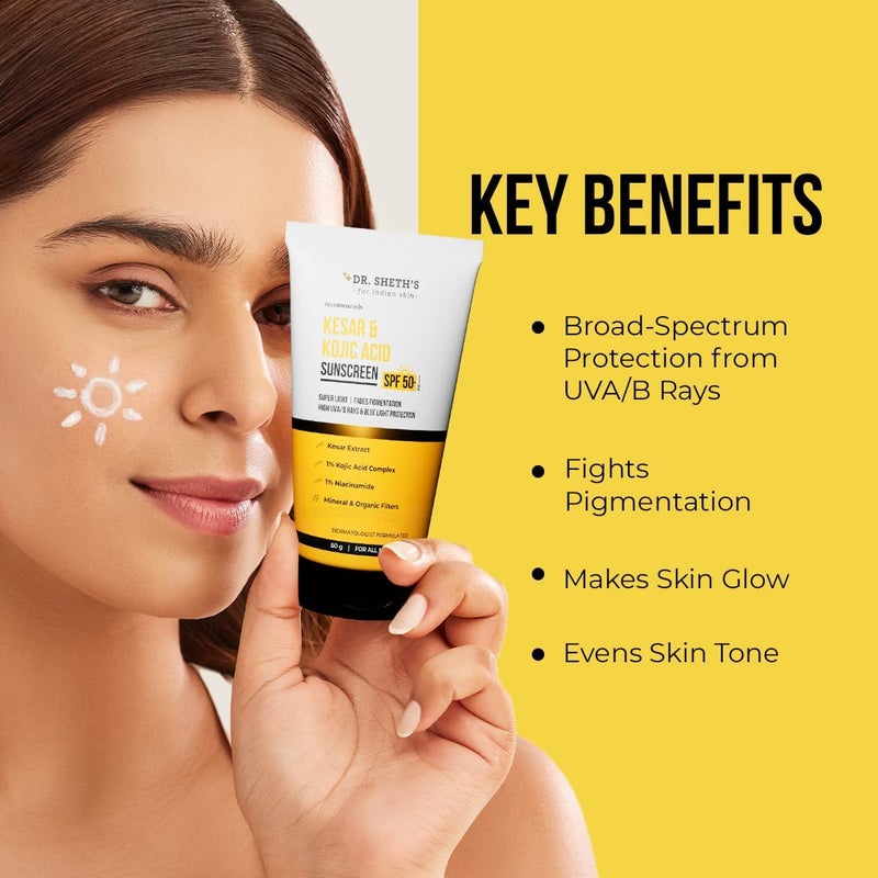 Dr. Sheth's Kesar & Kojic Acid Sunscreen For All Skin Types Spf 50 Pa++++ For Pigtation-Free Skin | No White Cast And Light Weight For Daily Moisturization- 50G - Image 3