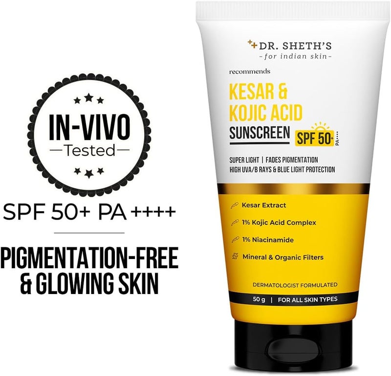 Dr. Sheth's Kesar & Kojic Acid Sunscreen For All Skin Types Spf 50 Pa++++ For Pigtation-Free Skin | No White Cast And Light Weight For Daily Moisturization- 50G - Image 2