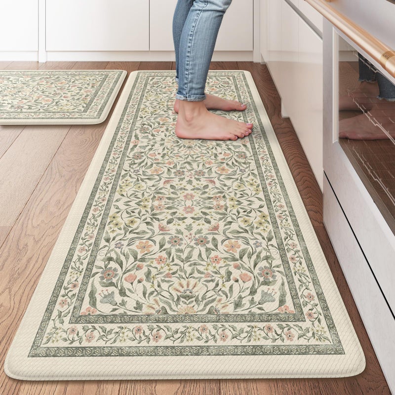 KIMODE Anti Fatigue Mats for Kitchen Floor 20x4720x32 Boho Farmhouse Kitchen Rugs Sets of 2 Cushioned Kitchen Floor Mats Non Slip Comfort Standing Mats for Sink Laundry Desk Beige