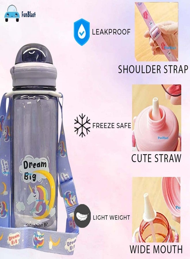 Funeiko Cute Water Bottle for Kids – Cartoon Animal Design Sipper Bottle with Straw & Adjustable Strap Stylish Water Bottle with Sipper, School Water Bottle for Kids – 520 ML (Unicorn) - Image 3