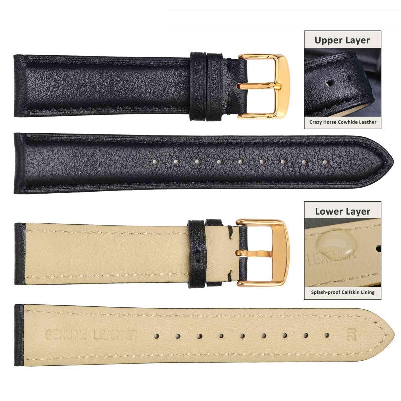 WOCCI 14mm Vintage Leather Watch Band for Men and Women, Gold Buckle (Black) - Image 2