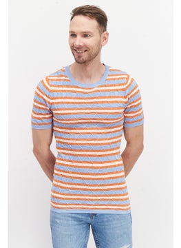 Asos Design Men Ribbed Collar Short Sleeve Crochet T-Shirt, Blue/Orange  - Image 1