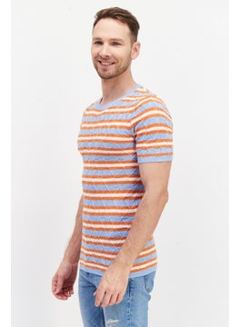 Asos Design Men Ribbed Collar Short Sleeve Crochet T-Shirt, Blue/Orange  - Image 3