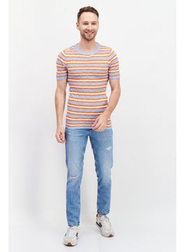 Asos Design Men Ribbed Collar Short Sleeve Crochet T-Shirt, Blue/Orange  - Image 4