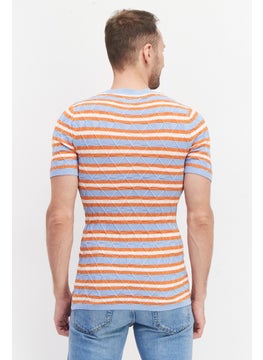 Asos Design Men Ribbed Collar Short Sleeve Crochet T-Shirt, Blue/Orange  - Image 2