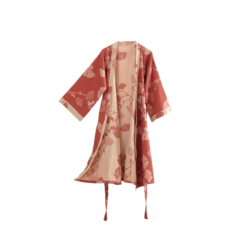 Purefair 100% Cotton Gauze Ginkgo Leaf Kimono Robe, Long Knit Loose Bathrobe Nightgown Ladies Loungewear Sleepwear for Women - Image 1