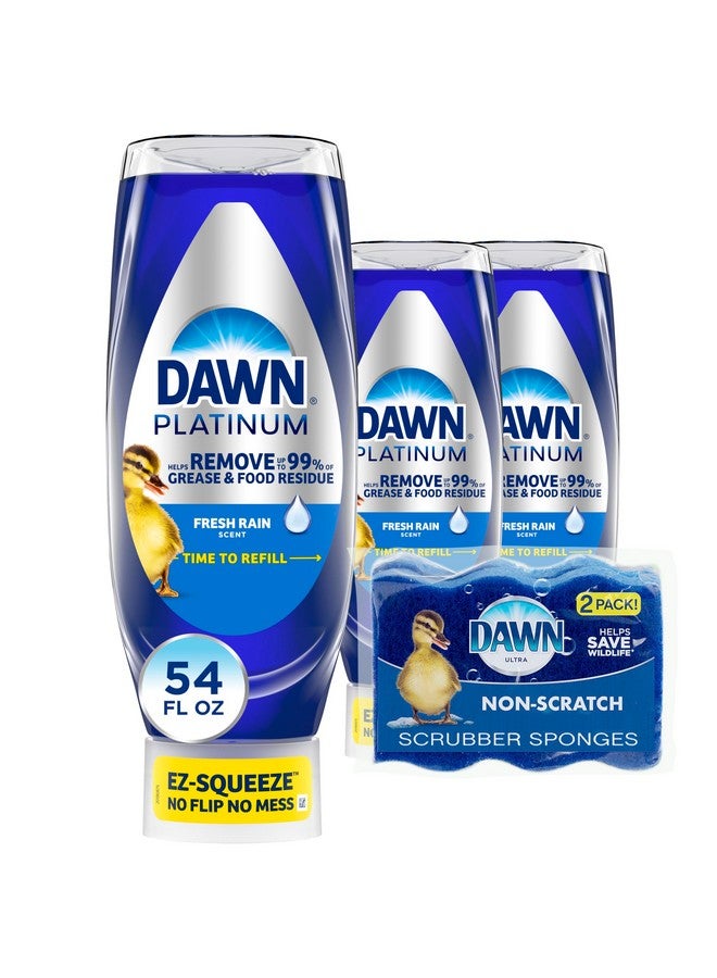 Dawn Dish Soap Squeeze Bottle, EZ-Squeeze Platinum Dish Soap Liquid+Non-Scratch Sponges for Dishes, Fresh Rain, Includes 3x18oz Bottles+2 Sponges - Image 1