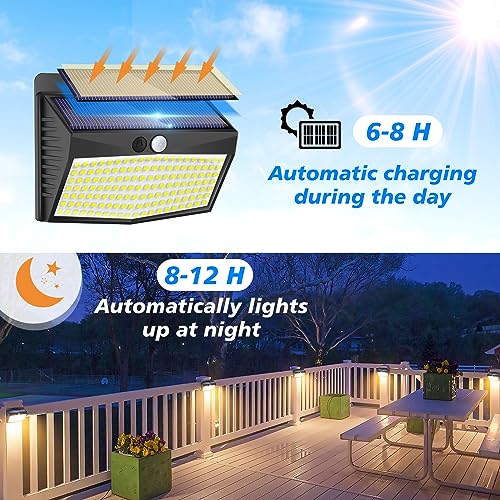 Peasur [138 LED/8 Packs] Solar Motion Sensor Lights Outdoor Waterproof with 3 Lighting Modes Wall Lights Solar Security Powered Lights for Garden Fence Yard Deck Garage, Warm White - Image 3