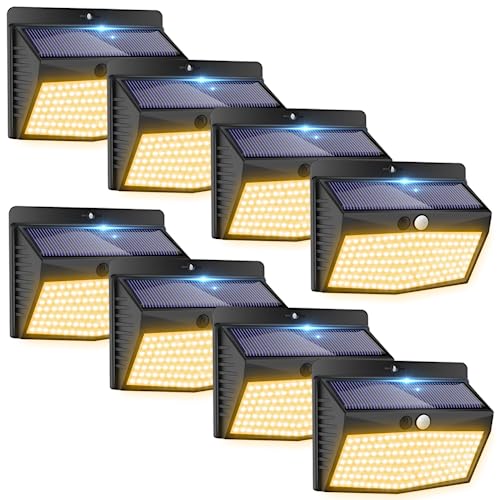 Peasur [138 LED/8 Packs] Solar Motion Sensor Lights Outdoor Waterproof with 3 Lighting Modes Wall Lights Solar Security Powered Lights for Garden Fence Yard Deck Garage, Warm White - Image 1