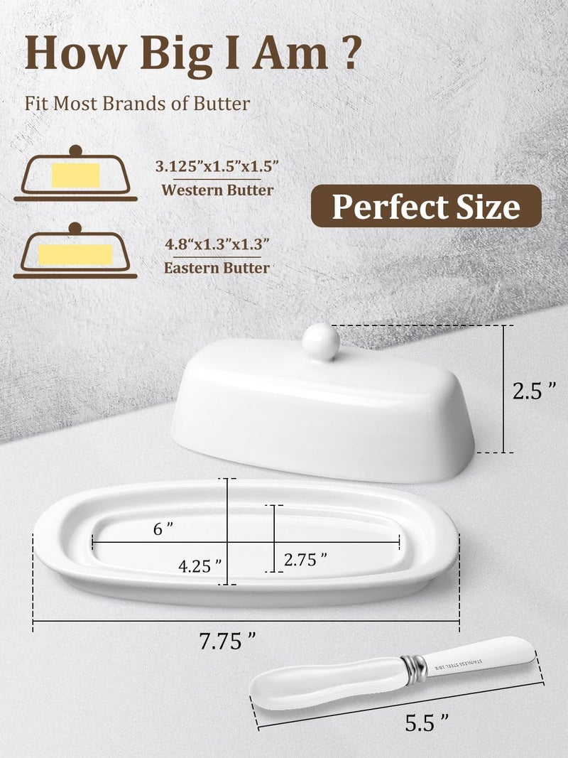 Yedio Ceramic Butter Dish with Lid and Knife for Countertop Refrigerator, 8 Inch White Butter Holder with Porcelain Cover Knob Handle for East West Coast Butter Stick - Image 2